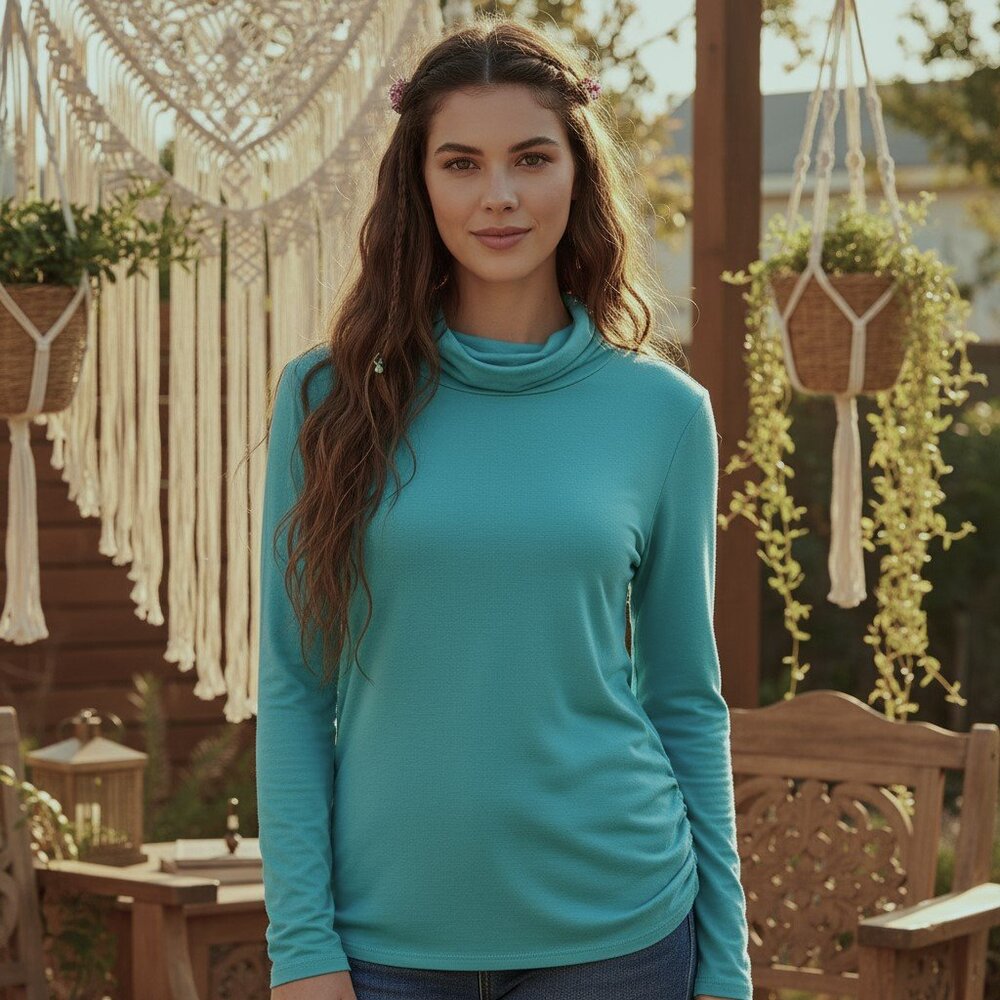 Coldwater Creek XS Turtleneck Top Aqua Blue Ruched Minimalist Casual Preppy